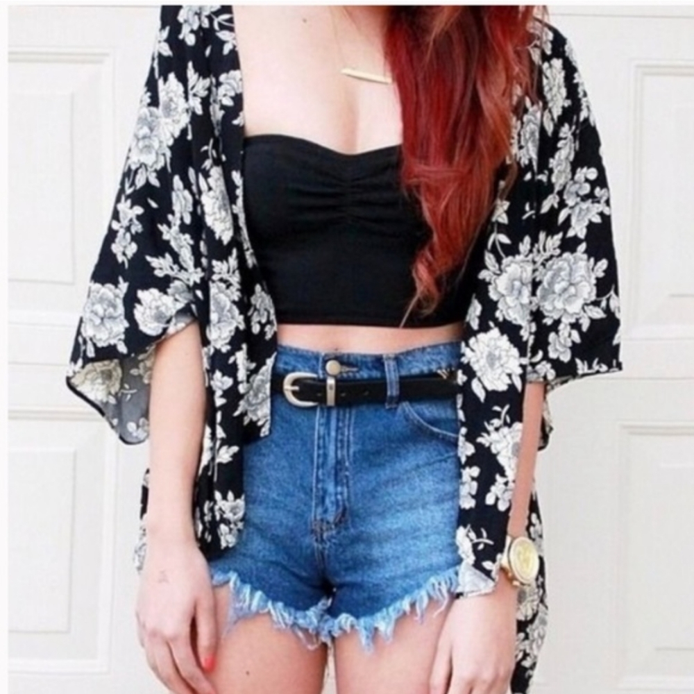 Brandy Melville One Size Cardigan Black White Floral Cap Sleeve Light Weight